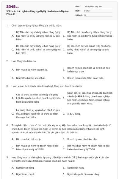 500+ câu trắc nghiệm tổng hợp Đại lý bảo hiểm có đáp án - Phần 43