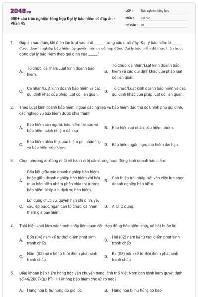 500+ câu trắc nghiệm tổng hợp Đại lý bảo hiểm có đáp án - Phần 45