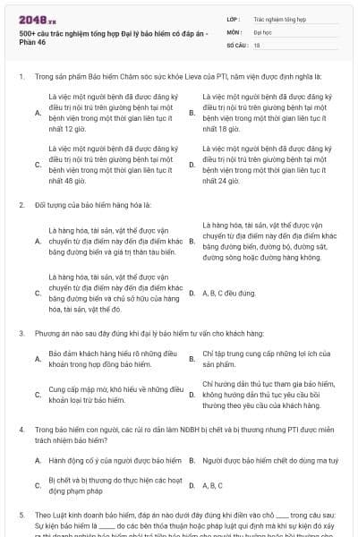 500+ câu trắc nghiệm tổng hợp Đại lý bảo hiểm có đáp án - Phần 46