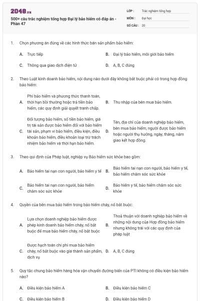 500+ câu trắc nghiệm tổng hợp Đại lý bảo hiểm có đáp án - Phần 47