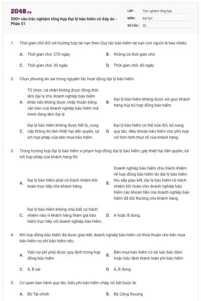 500+ câu trắc nghiệm tổng hợp Đại lý bảo hiểm có đáp án - Phần 51