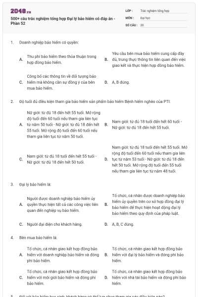 500+ câu trắc nghiệm tổng hợp Đại lý bảo hiểm có đáp án - Phần 52