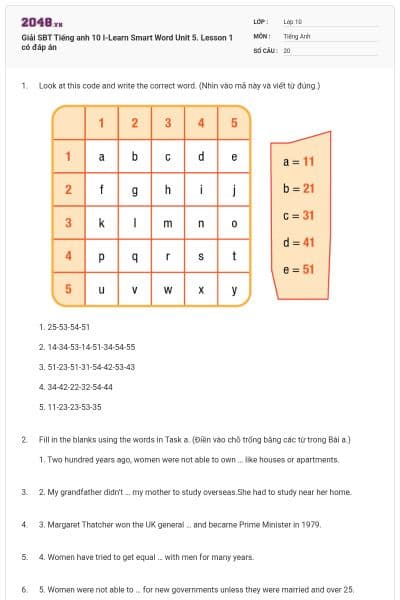 Giải SBT Tiếng anh 10 I-Learn Smart Word Unit 5. Lesson 1 có đáp án