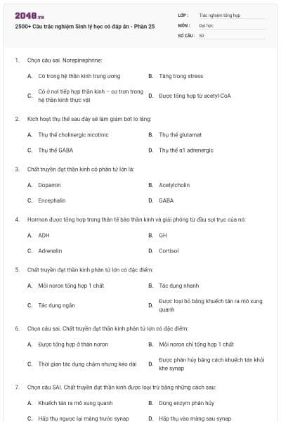 2500+ Câu trắc nghiệm Sinh lý học có đáp án - Phần 25