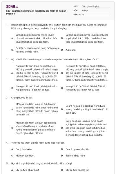 500+ câu trắc nghiệm tổng hợp Đại lý bảo hiểm có đáp án - Phần 54