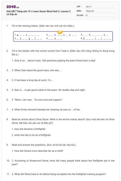 Giải SBT Tiếng anh 10 I-Learn Smart Word Unit 5. Lesson 2 có đáp án