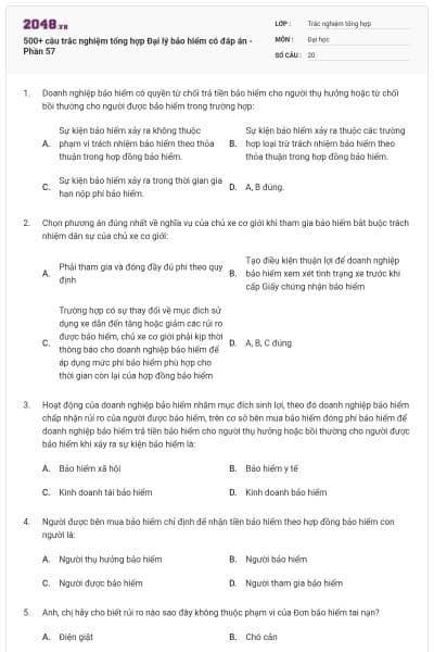 500+ câu trắc nghiệm tổng hợp Đại lý bảo hiểm có đáp án - Phần 57