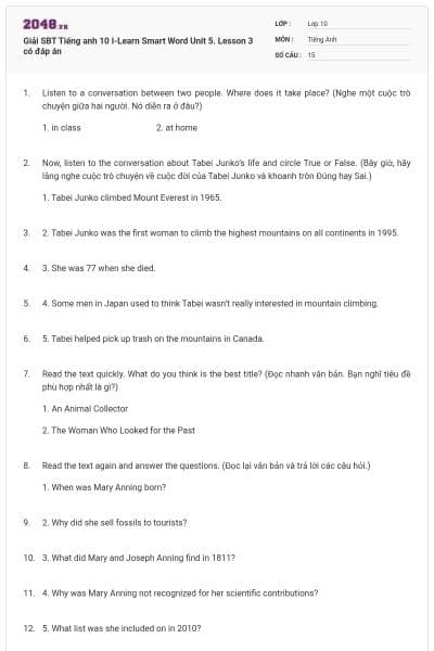 Giải SBT Tiếng anh 10 I-Learn Smart Word Unit 5. Lesson 3 có đáp án