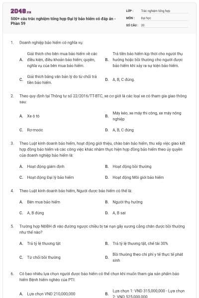 500+ câu trắc nghiệm tổng hợp Đại lý bảo hiểm có đáp án - Phần 59