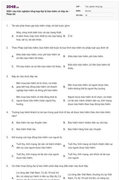 500+ câu trắc nghiệm tổng hợp Đại lý bảo hiểm có đáp án - Phần 60