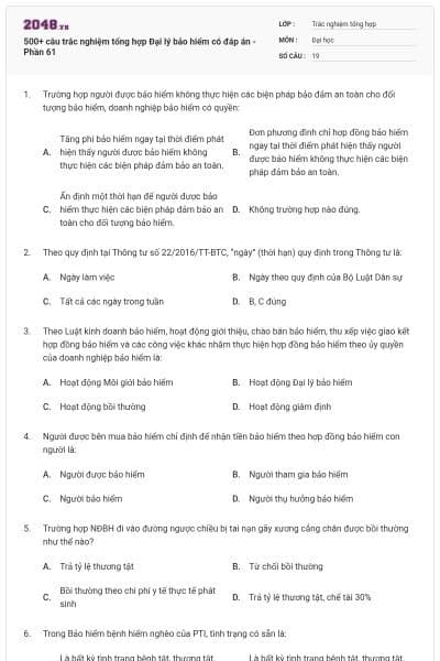 500+ câu trắc nghiệm tổng hợp Đại lý bảo hiểm có đáp án - Phần 61