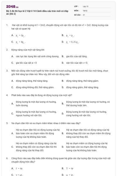 Bộ 3 đề thi học kì 2 Vật lí 10 Cánh diều cấu trúc mới có đáp án (Đề 2)