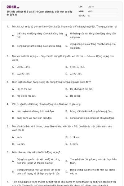 Bộ 3 đề thi học kì 2 Vật lí 10 Cánh diều cấu trúc mới có đáp án (Đề 3)