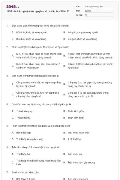 1730 câu trắc nghiệm Nội ngoại cơ sở có đáp án - Phần 31