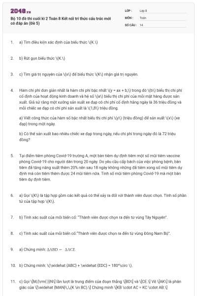 Bộ 10 đề thi cuối kì 2 Toán 8 Kết nối tri thức cấu trúc mới có đáp án (Đề 5)