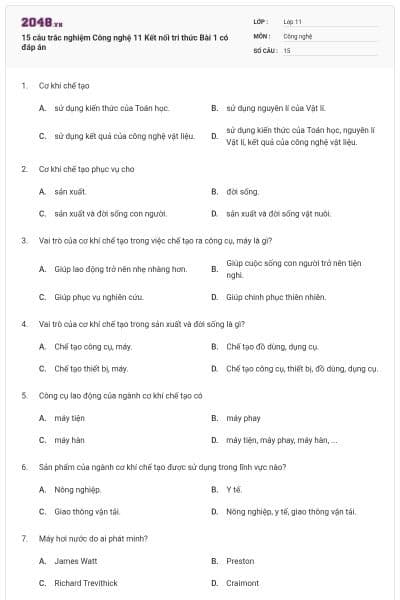 15 câu trắc nghiệm Công nghệ 11 Kết nối tri thức Bài 1 có đáp án