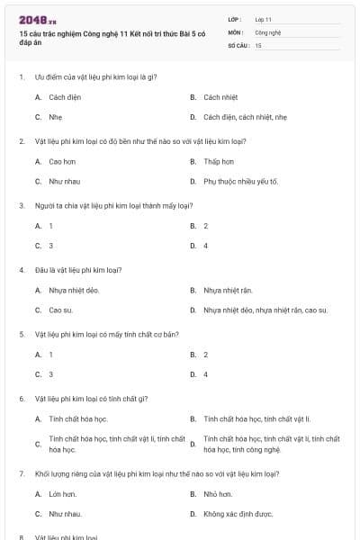 15 câu trắc nghiệm Công nghệ 11 Kết nối tri thức Bài 5 có đáp án