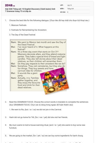 Giải SGK Tiếng anh 10 English Discovery (Cánh buồm) Unit 7 Grammar trang 73 có đáp án