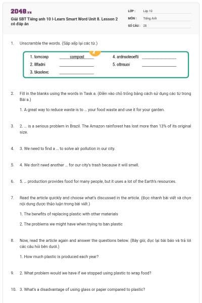 Giải SBT Tiếng anh 10 I-Learn Smart Word Unit 8. Lesson 2 có đáp án