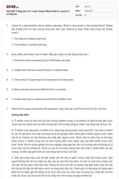 Giải SBT Tiếng anh 10 I-Learn Smart Word Unit 8. Lesson 3 có đáp án