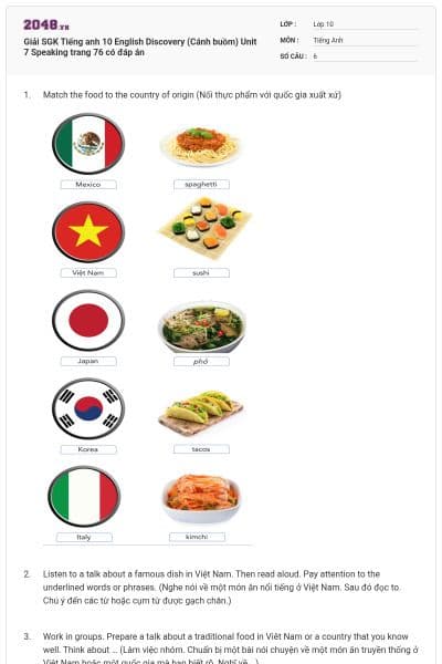 Giải SGK Tiếng anh 10 English Discovery (Cánh buồm) Unit 7 Speaking trang 76 có đáp án