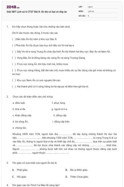 Giải SBT Lịch sử 6 CTST Bài 8: Ấn Độ cổ đại có đáp án