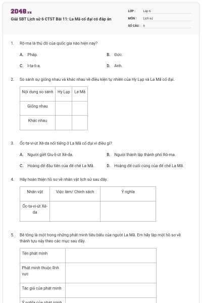 Giải SBT Lịch sử 6 CTST Bài 11: La Mã cổ đại có đáp án