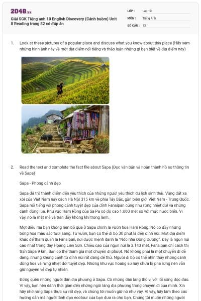 Giải SGK Tiếng anh 10 English Discovery (Cánh buồm) Unit 8 Reading trang 82 có đáp án