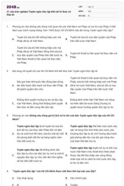 21 câu trắc nghiệm Tuyên ngôn độc lập Kết nối tri thức có đáp án