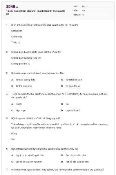 15 câu trắc nghiệm Chiều tối (mộ) Kết nối tri thức có đáp án