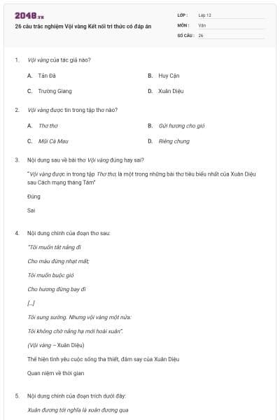 26 câu trắc nghiệm Vội vàng Kết nối tri thức có đáp án