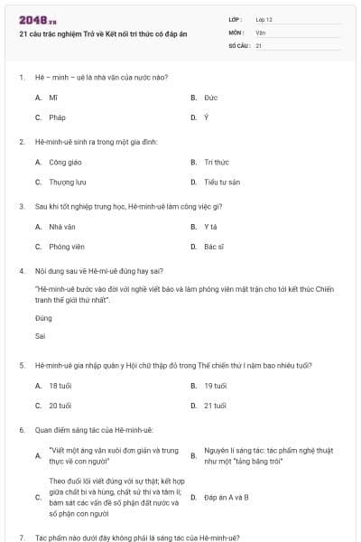 21 câu trắc nghiệm Trở về Kết nối tri thức có đáp án