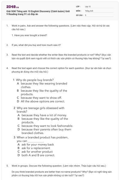 Giải SGK Tiếng anh 10 English Discovery (Cánh buồm) Unit 9 Reading trang 91 có đáp án