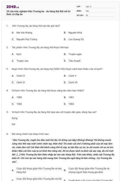 25 câu trắc nghiệm Hồn Trương ba - da hàng thịt Kết nối tri thức có đáp án
