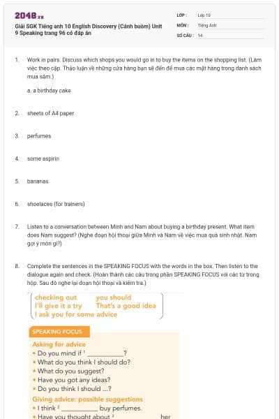 Giải SGK Tiếng anh 10 English Discovery (Cánh buồm) Unit 9 Speaking trang 96 có đáp án