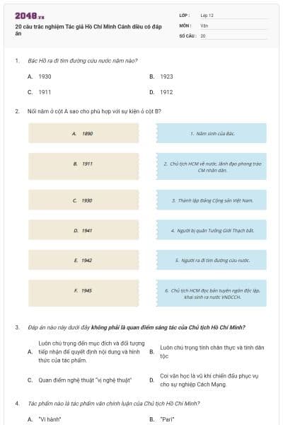 20 câu trắc nghiệm Tác giả Hồ Chí Minh Cánh diều có đáp án
