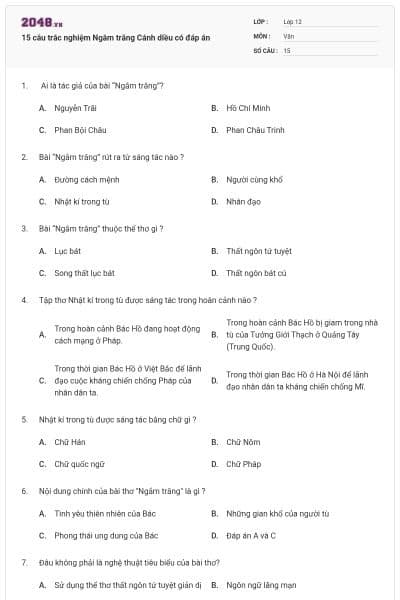 15 câu trắc nghiệm Ngắm trăng Cánh diều có đáp án