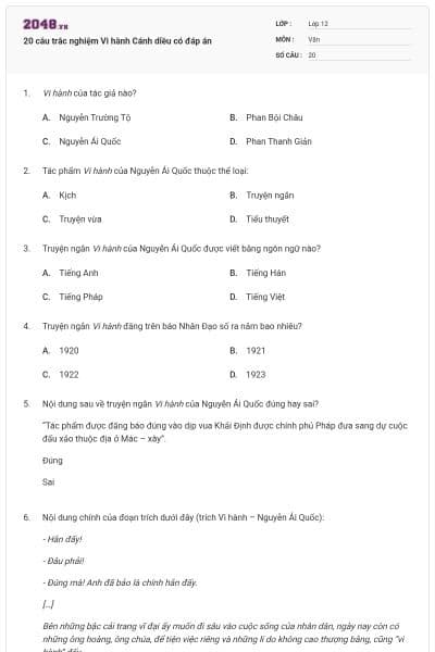 20 câu trắc nghiệm Vi hành Cánh diều có đáp án