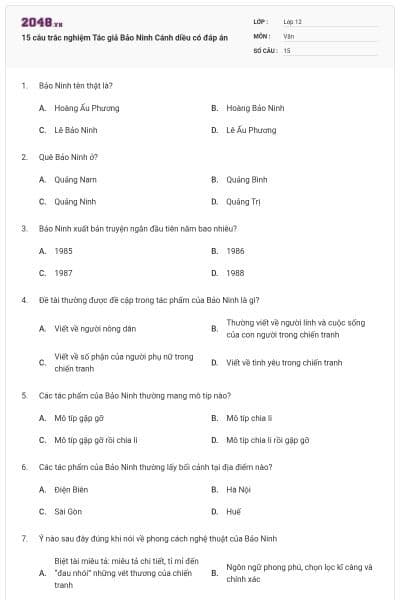 15 câu trắc nghiệm Tác giả Bảo Ninh Cánh diều có đáp án