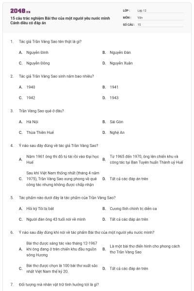 15 câu trắc nghiệm Bài thơ của một người yêu nước mình Cánh diều có đáp án