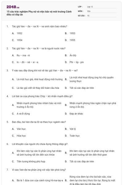 15 câu trắc nghiệm Phụ nữ và việc bảo vệ môi trường Cánh diều có đáp án