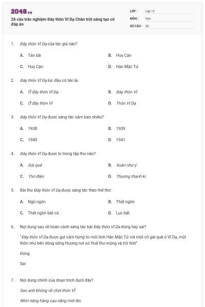 26 câu trắc nghiệm Đây thôn Vĩ Dạ Chân trời sáng tạo có đáp án