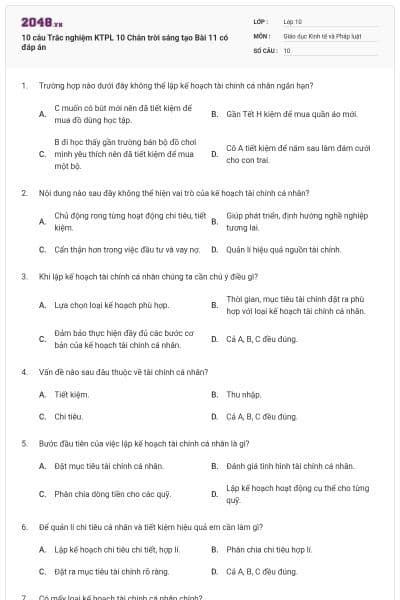 10 câu Trắc nghiệm KTPL 10 Chân trời sáng tạo Bài 11 có đáp án