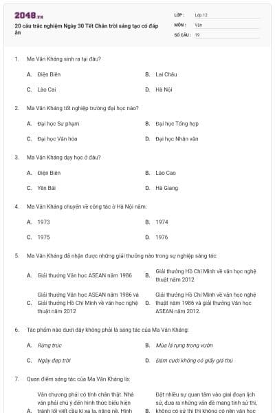 20 câu trắc nghiệm Ngày 30 Tết Chân trời sáng tạo có đáp án