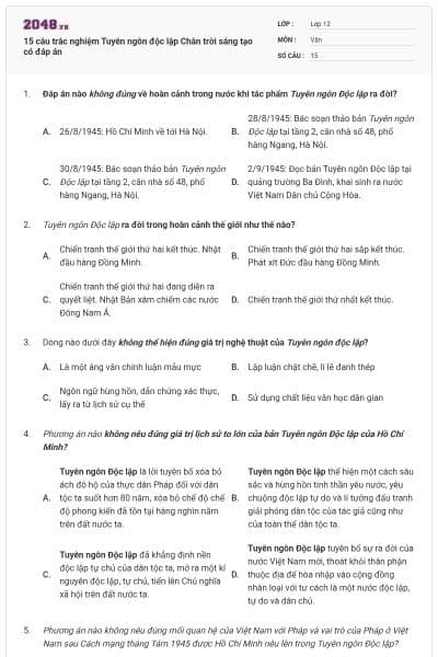 15 câu trắc nghiệm Tuyên ngôn độc lập Chân trời sáng tạo có đáp án