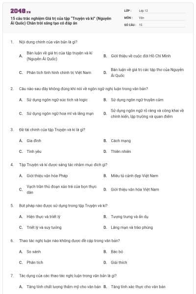 15 câu trắc nghiệm Giá trị của tập “Truyện và kí” (Nguyễn Ái Quốc) Chân trời sáng tạo có đáp án