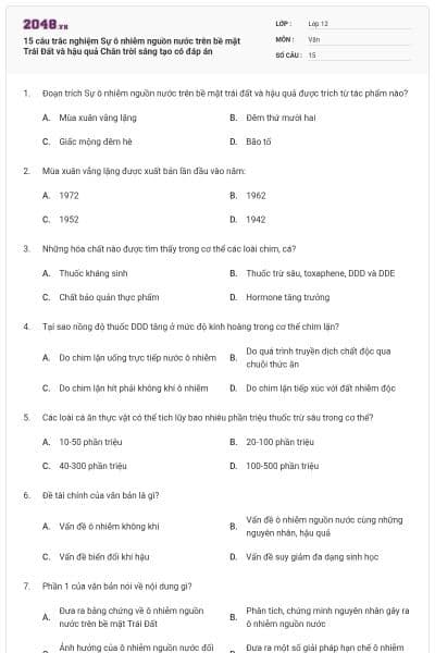 15 câu trắc nghiệm Sự ô nhiễm nguồn nước trên bề mặt Trái Đất và hậu quả Chân trời sáng tạo có đáp án