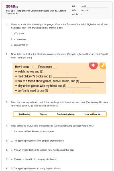 Giải SBT Tiếng anh 10 I-Learn Smart Word Unit 10. Lesson 3 có đáp án