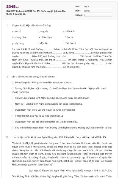 Giải SBT Lịch sử 6 CTST Bài 19: Bước ngoặt lịch sử đầu thế kỉ X có đáp án