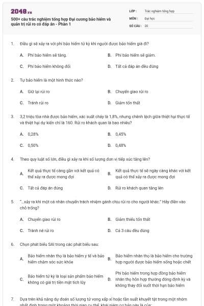 500+ câu trắc nghiệm tổng hợp Đại cương bảo hiểm và quản trị rủi ro có đáp án - Phần 1